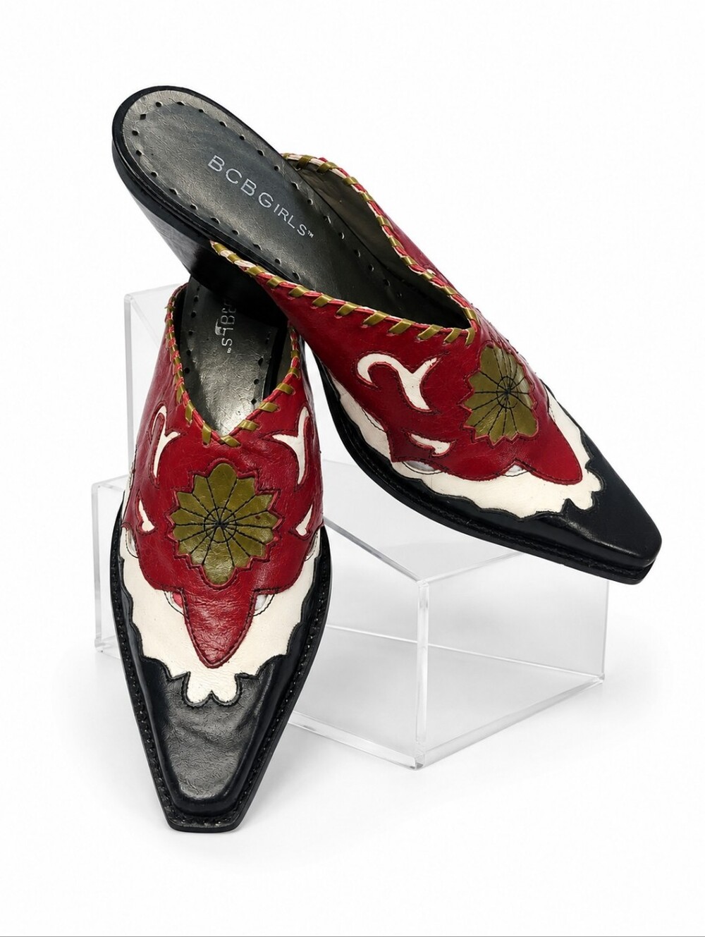 Y2K BCBG Leather Western Mules Slides Cowgirl Floral Applique Whip-Stitch 7.5 - Picture 1 of 13